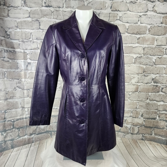 Vintage Danier Leather Button Front Trench Coat Eggplant Purple Size 6 - Picture 4 of 16